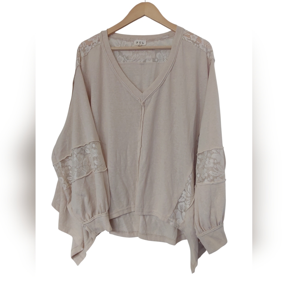 POL Women's Beige Lace Accent Blouse